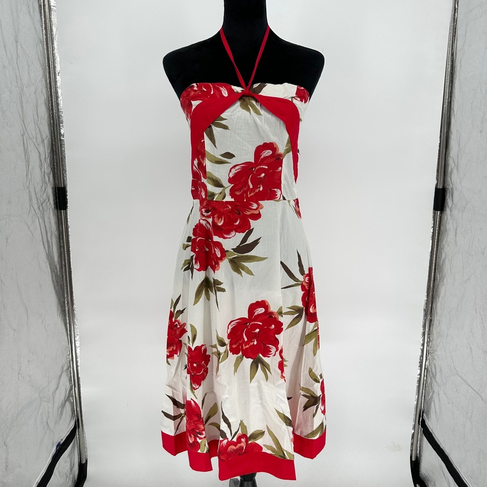 Trixxi Strapless Red Flower White Dress Cotton Fit & Flare Smocked Back Sz Small